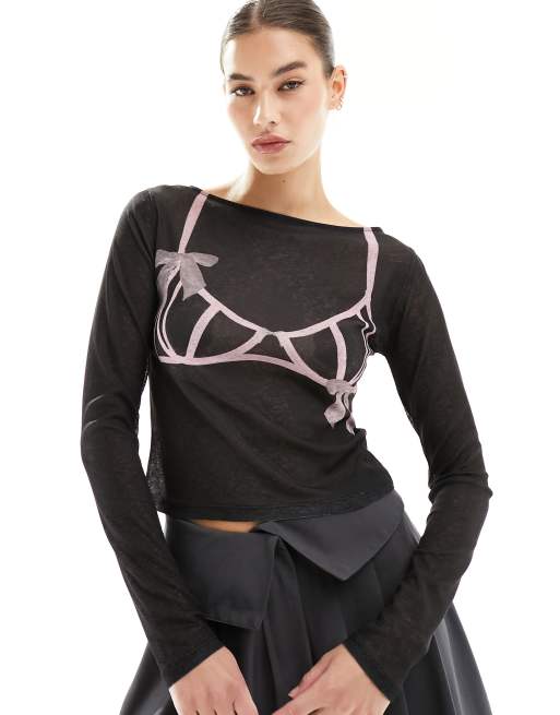 ASOS DESIGN - Sort meshtop med BH-grafik og tynd halsudskæring