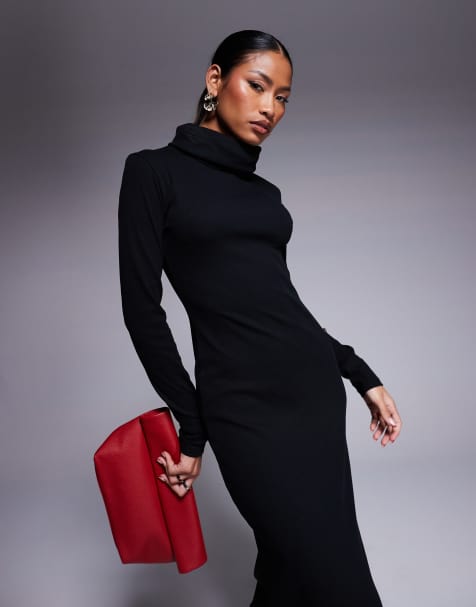 ASOS DESIGN - Sort midaxi-kjole med rullekrave i ribstrik - view 1