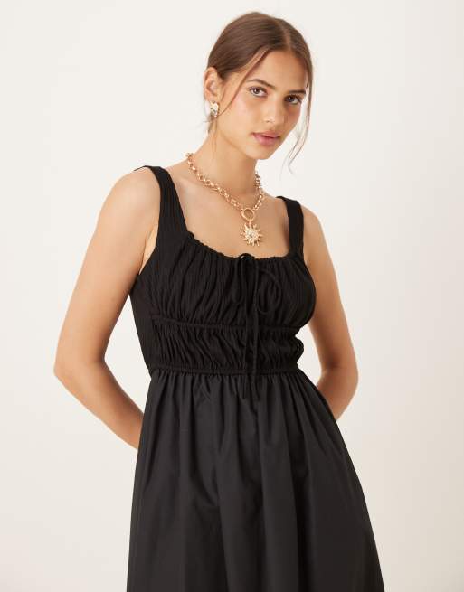 ASOS DESIGN - Sort midi-sommerkjole i bomuldsblanding med smocksyninger over brystet, 4 af 4