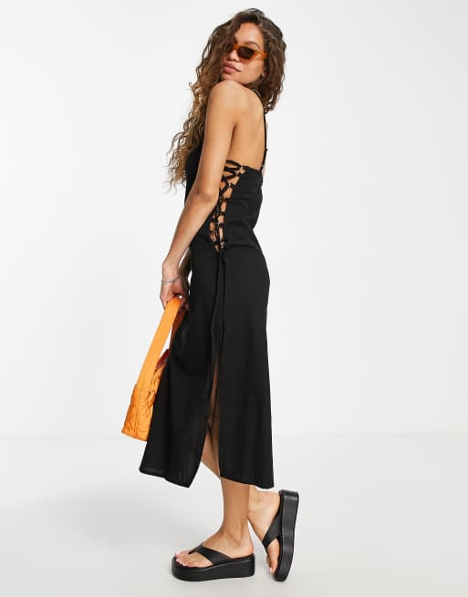 ASOS DESIGN - Sort midi-sundress med slip-snit, cami-stropper og snøredetalje i siden i hør