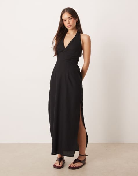 ASOS DESIGN - Sort midikjole i bomulds-/hørblanding med halterneck og formgivende brystdetalje - view 1