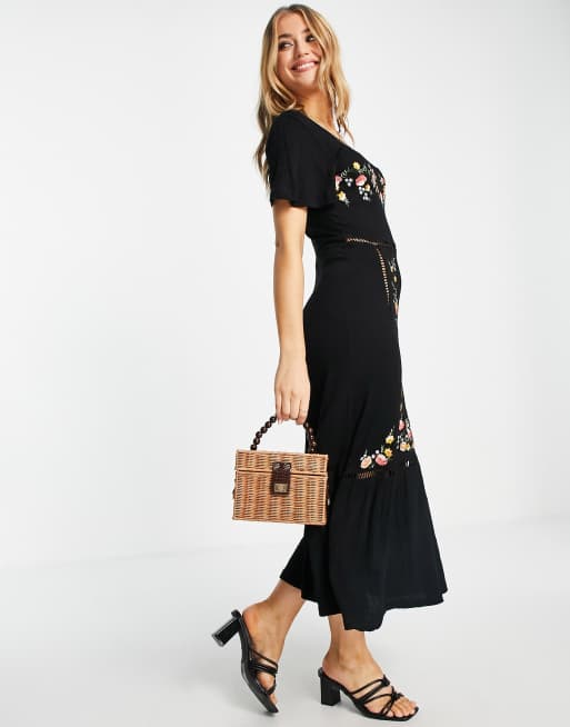 ASOS DESIGN - Sort midikjole i krølstof med stigesøm og firkantet hals samt blomsterbroderi