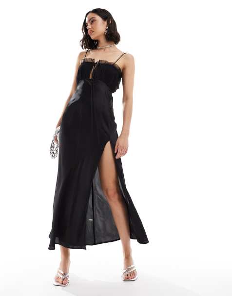 ASOS DESIGN - Sort midikjole i satin med rynket brystdetalje i chiffon - view 1