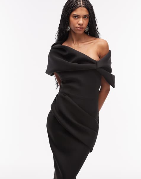 ASOS DESIGN - Sort midikjole i scubalignende materiale med overdrevent bardotsnit - view 1