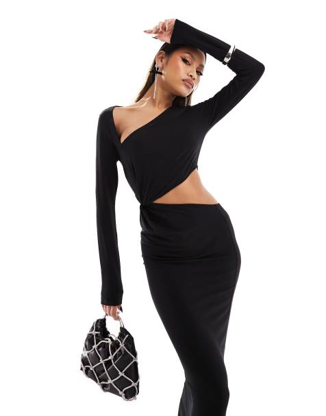 ASOS DESIGN - Sort midikjole med asymmetrisk hals og snoede detaljer samt udskæring - view 1