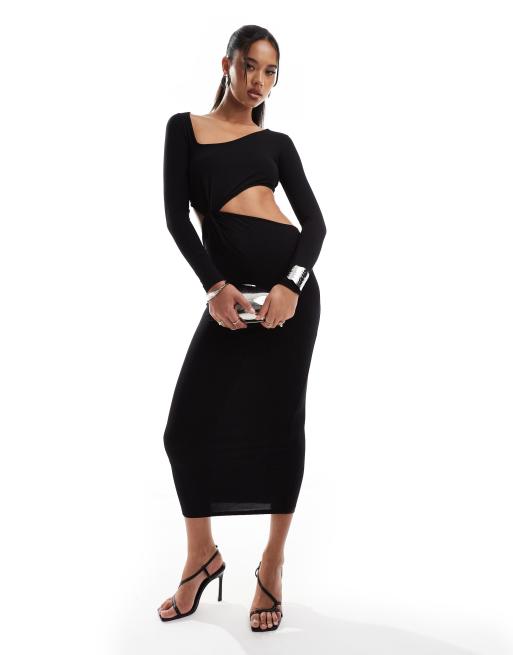 ASOS DESIGN - Sort midikjole med asymmetrisk hals og snoede detaljer samt udskæring