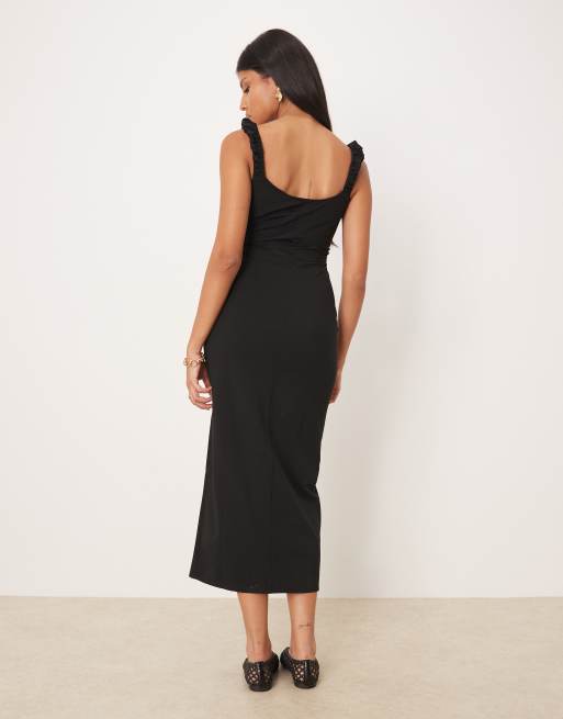ASOS DESIGN - Sort midikjole med bindebånd fortil og rynker samt vingeærmer, 2 af 4