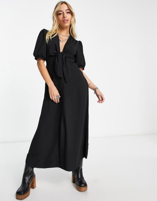 ASOS DESIGN - Sort midikjole med bindebånd og knapper