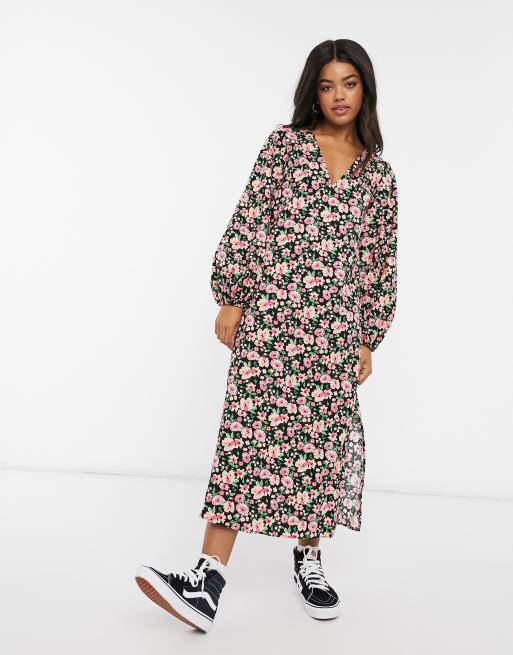 ASOS DESIGN - Sort midikjole med blomsterprint og lange bobbelærmer