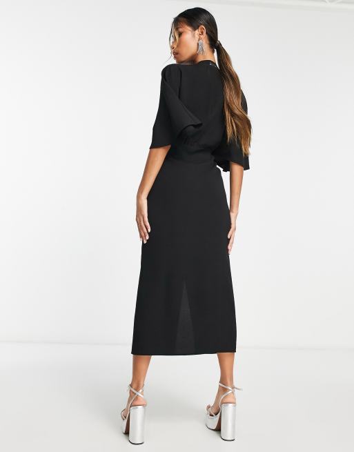 ASOS DESIGN - Sort midikjole med flagermusærmer, dyb udskæring og bindebånd foran i crepe , 2 af 4