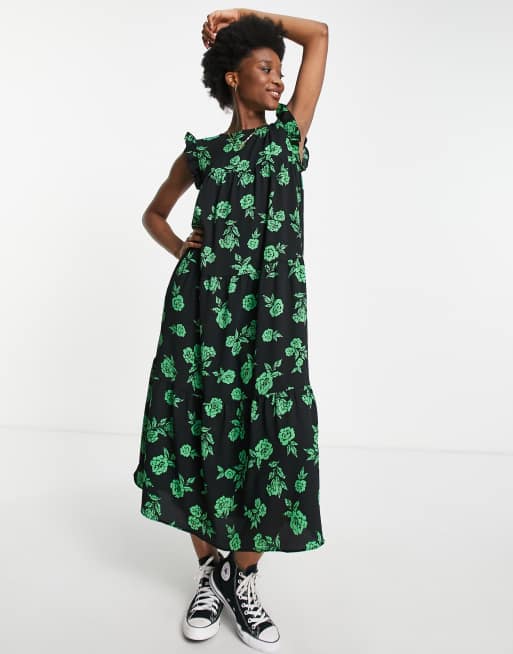 ASOS DESIGN - Sort midikjole med flæseærmer og grønt blomstermønster