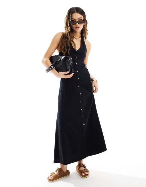 ASOS DESIGN - Sort midikjole med halterneck og knapper foran