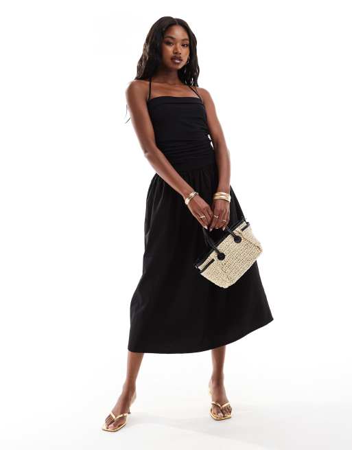 ASOS DESIGN - Sort midikjole med halterneck og nederdel i poplin