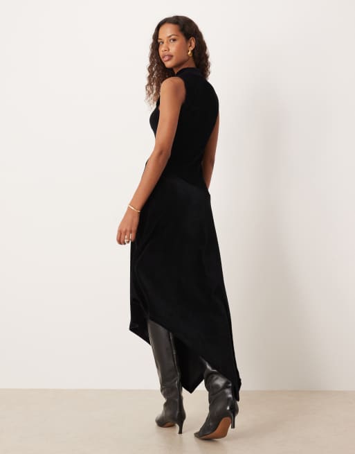 ASOS DESIGN - Sort midikjole med høj hals og asymmetrisk kant forneden i fløjl, 3 af 4