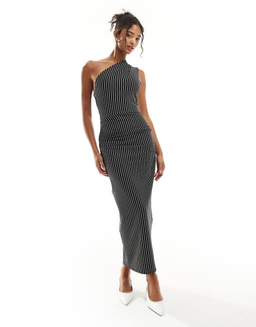 ASOS DESIGN - Sort midikjole med oneshoulder-snit og hvide striber