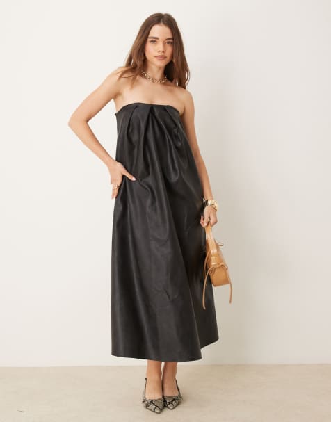 ASOS DESIGN - Sort midikjole med trapezform og bandeausnit i læderlook - view 1
