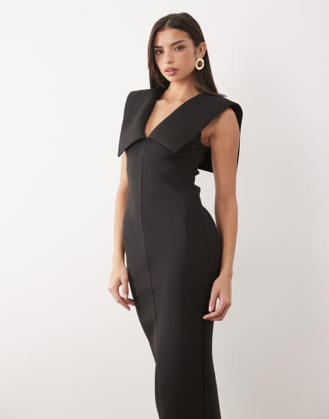 ASOS DESIGN - Sort midikjole med V-hals og kappekrave i scuba-lignende stof - view 1