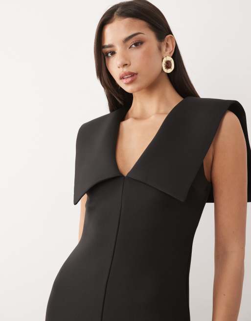 ASOS DESIGN - Sort midikjole med V-hals og kappekrave i scuba-lignende stof, 2 af 4