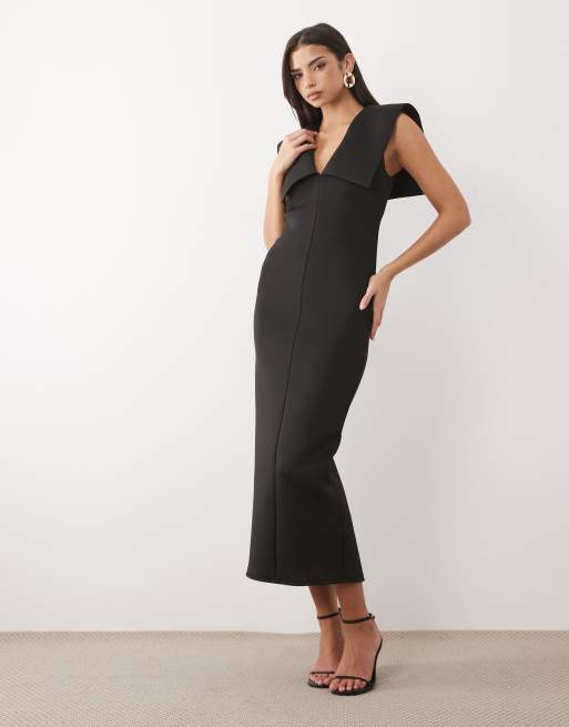 ASOS DESIGN - Sort midikjole med V-hals og kappekrave i scuba-lignende stof, 3 af 4