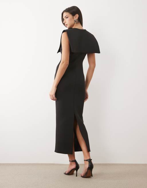 ASOS DESIGN - Sort midikjole med V-hals og kappekrave i scuba-lignende stof, 4 af 4