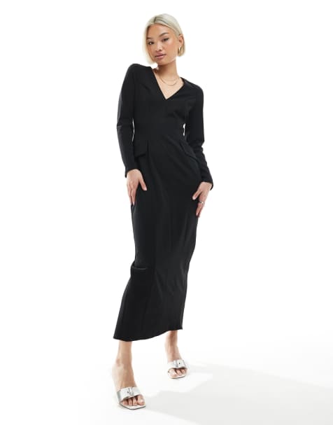 ASOS DESIGN - Sort midikjole med V-hals og lange ærmer - view 1