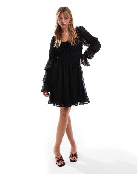 ASOS DESIGN - Sort milkmaid-minikjole med lange ærmer og rynket talje i dobby - view 1