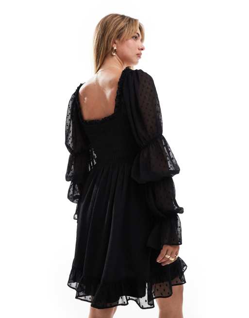 ASOS DESIGN - Sort milkmaid-minikjole med lange ærmer og rynket talje i dobby, 4 af 4