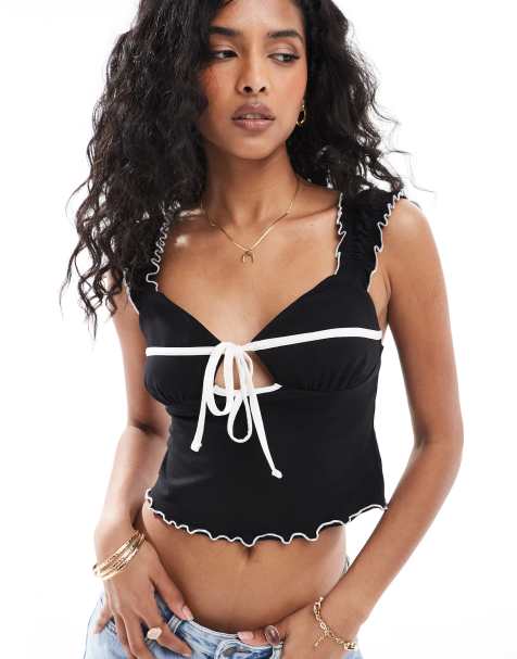 ASOS DESIGN - Sort milkmaid-top med elfenbenshvide kontrastdetaljer - view 1
