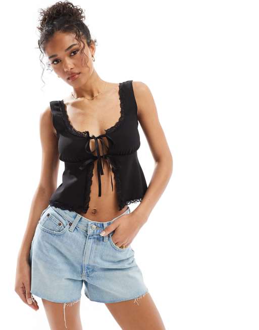 ASOS DESIGN - Sort milkmaid-top med kantdetalje og bindebånd foran