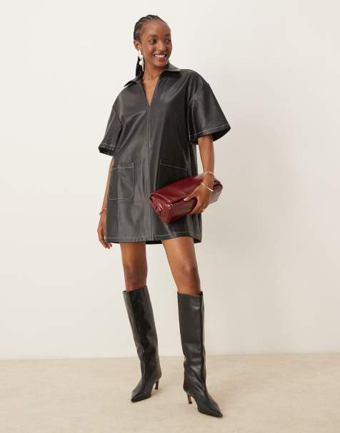 ASOS DESIGN - Sort mini-skjortekjole i PU med reverskrave læderlook og kontrastsyning - view 1