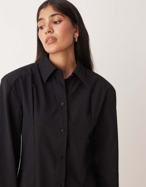 ASOS DESIGN - Sort mini-skjortekjole med indsyning og skulderpuder, 3 af 4