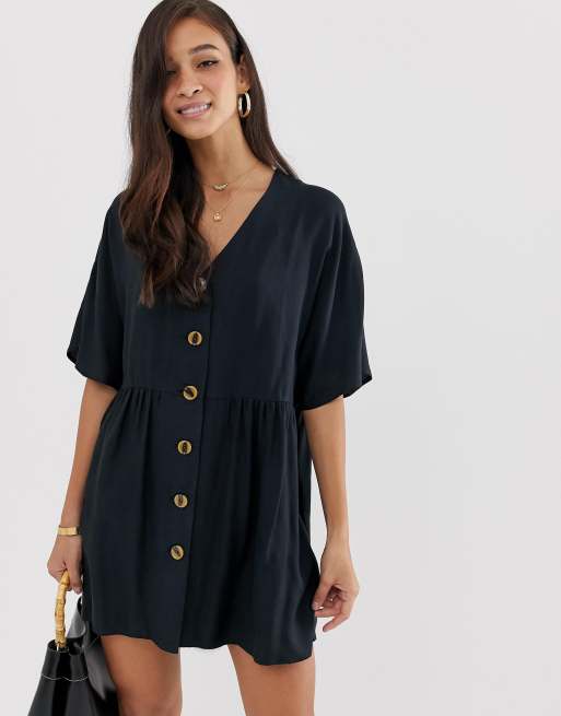 ASOS DESIGN - Sort mini-smockkjole med v-hals og knapper