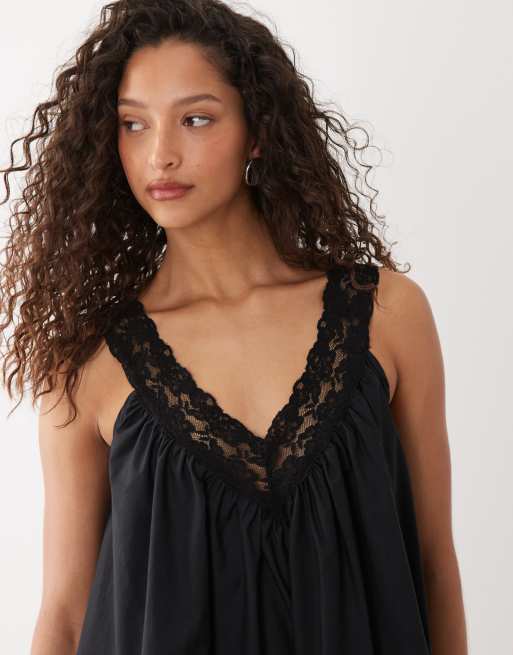 ASOS DESIGN - Sort mini-sundress med V-hals, smock-snit og blondeoverlag i poplin , 3 af 4