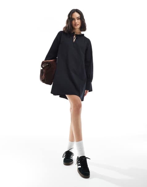 ASOS DESIGN - Sort minikjole i poplin med bølgekrave - view 1