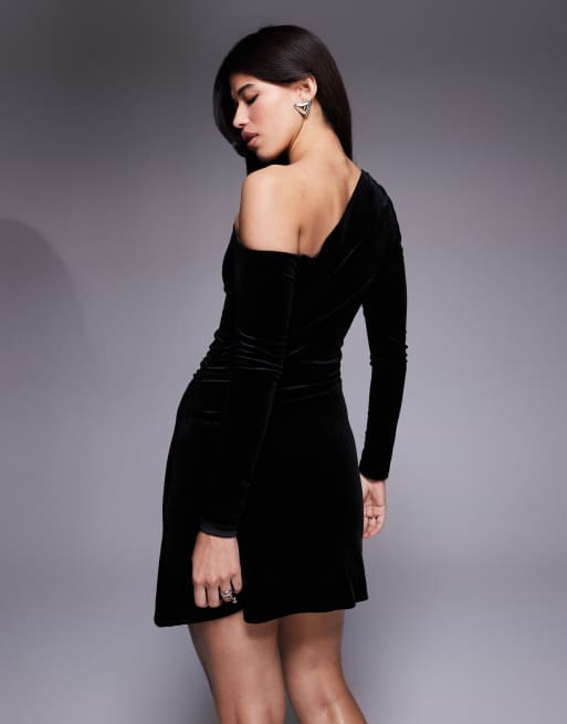 ASOS DESIGN - Sort minikjole i velour med offshoulder-design, 2 af 4