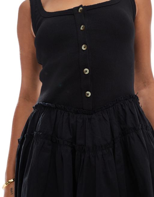 ASOS DESIGN - Sort minikjole med dyb og rund hals, ribstrikket overdel og poplin-nederdel, 2 af 4