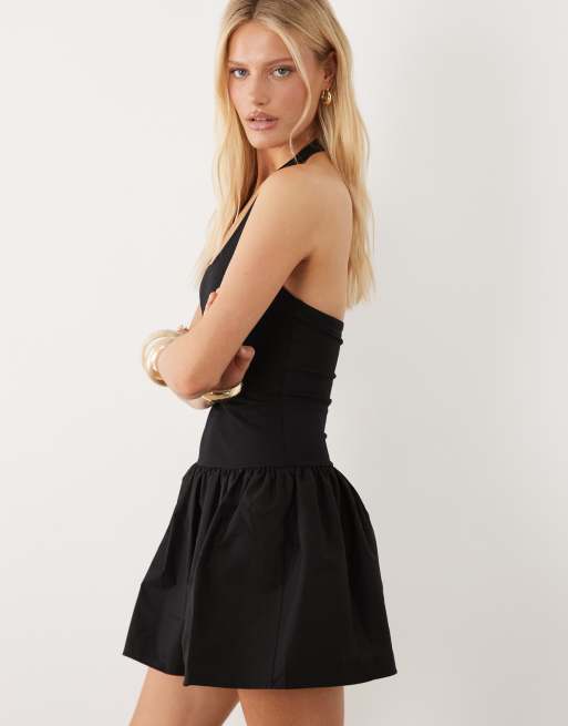 ASOS DESIGN - Sort minikjole med halterneck, dyb rund hals og nederdel i bomuldspoplin, 3 af 4