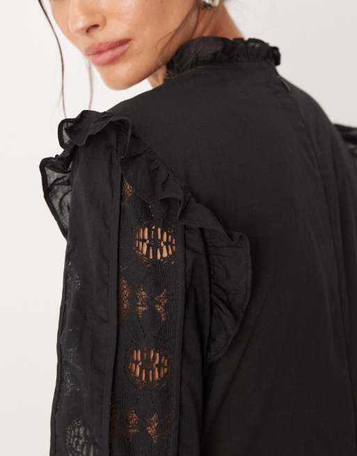 ASOS DESIGN - Sort minikjole med høj hals og sænket talje samt flæser og pufnederdel, 3 af 4