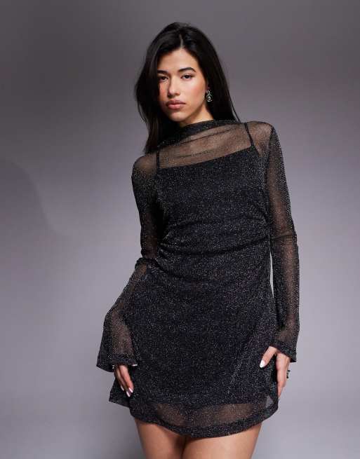 ASOS DESIGN - Sort minikjole med høj hals, trompetærmer og glimmer i mesh, 4 af 4