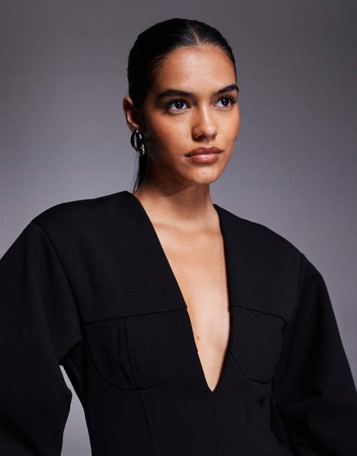 ASOS DESIGN - Sort minikjole med kugleformet struktur og dyb udskæring samt skålformede syningsdetaljer, 3 af 4
