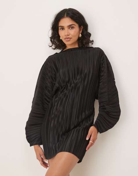 ASOS DESIGN - Sort minikjole med lange cocoon-ærmer, sømdetalje i taljen og plisseringer - view 1
