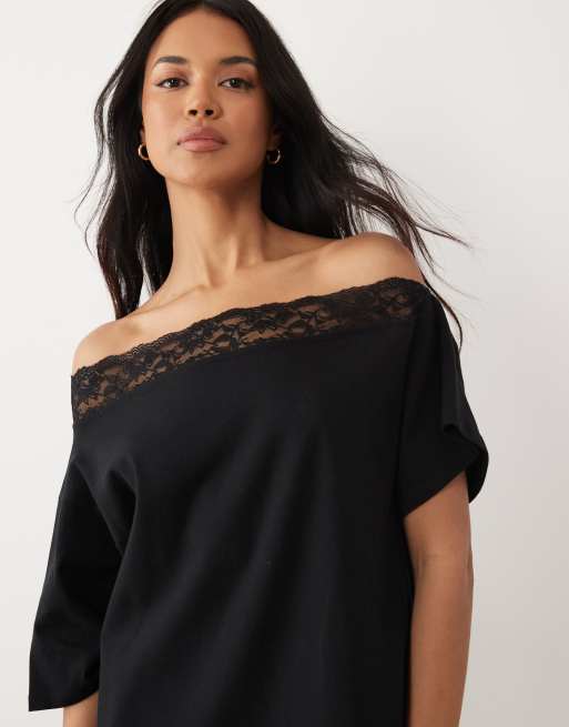ASOS DESIGN - Sort minikjole med offshoulder-snit og blondekant, 3 af 4