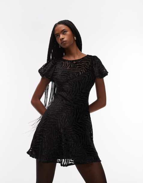 ASOS DESIGN - Sort minikjole med pufærmer og burnout-dyremønster i velour - view 1