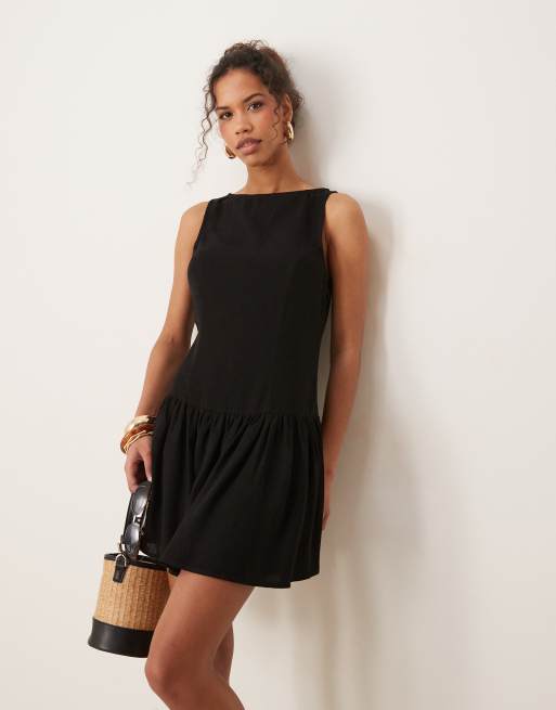 ASOS DESIGN - Sort minikjole med sænket talje i hørblanding, 3 af 4
