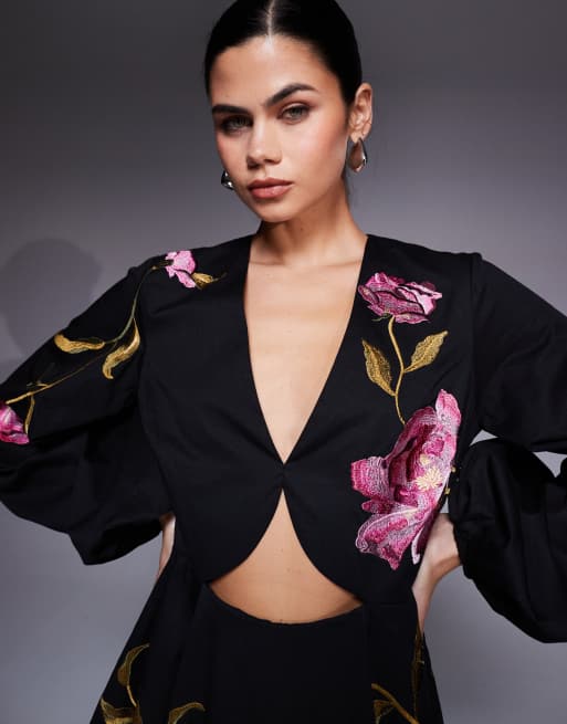 ASOS DESIGN - Sort minikjole med udskæringsdetalje og blomsterbroderi , 3 af 4