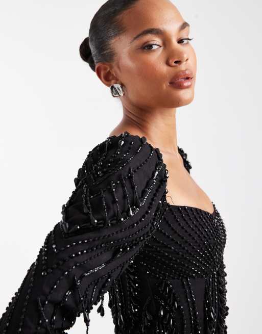 ASOS DESIGN - Sort minikjole med udsmykkede paneler og perlefrynser, 2 af 4
