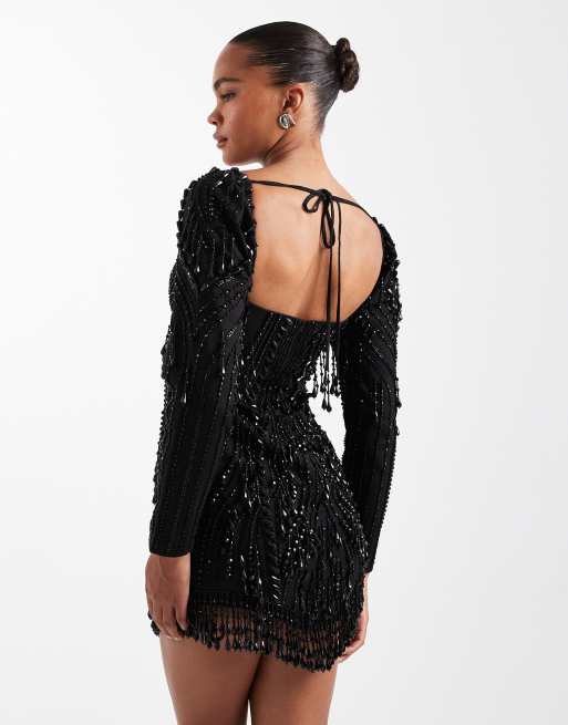 ASOS DESIGN - Sort minikjole med udsmykkede paneler og perlefrynser, 4 af 4