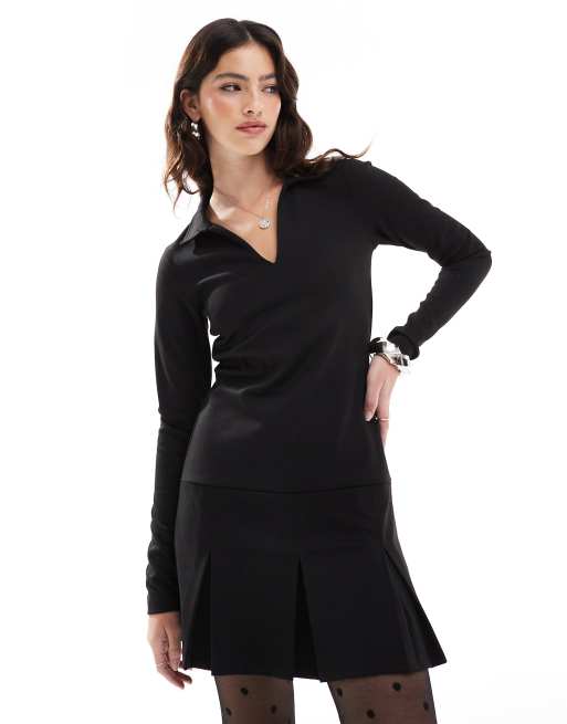ASOS DESIGN - Sort minikjole med V-hals, krave, lange ærmer og plisseret skørt, 2 af 4