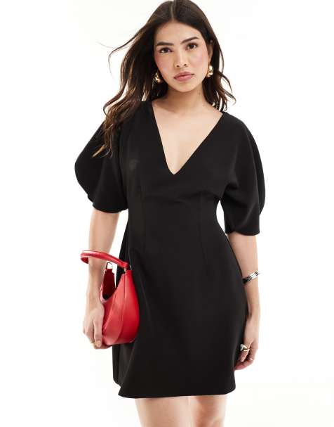ASOS DESIGN - Sort minikjole med V-hals og voluminøse ærmer - view 1