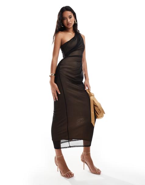 ASOS DESIGN - Sort minikjole med yderlag i mesh med rynker og oneshoulder samt for i kontrastfarve - view 1